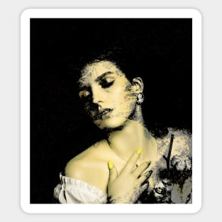 Beautiful girl, some part of her body grayscale, some with color, paint. Dark. Sticker
